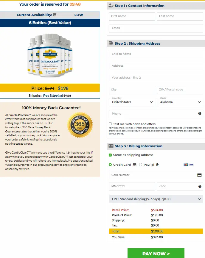 CardioClear7 secure checkout page — encrypted payment for online supplement order